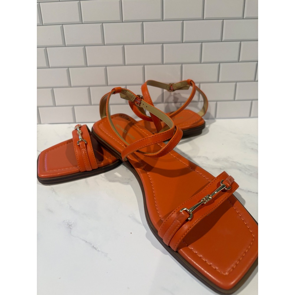 Michael Kors Orange Leather Square Toe Strappy Horsebit Flat Sandals Womens 7M